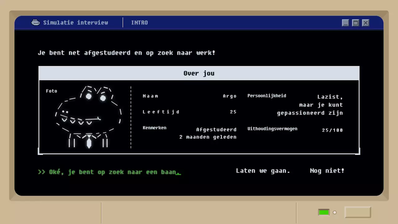 Simulatie sollicitatiegesprek met zwart retro moddergameconcept