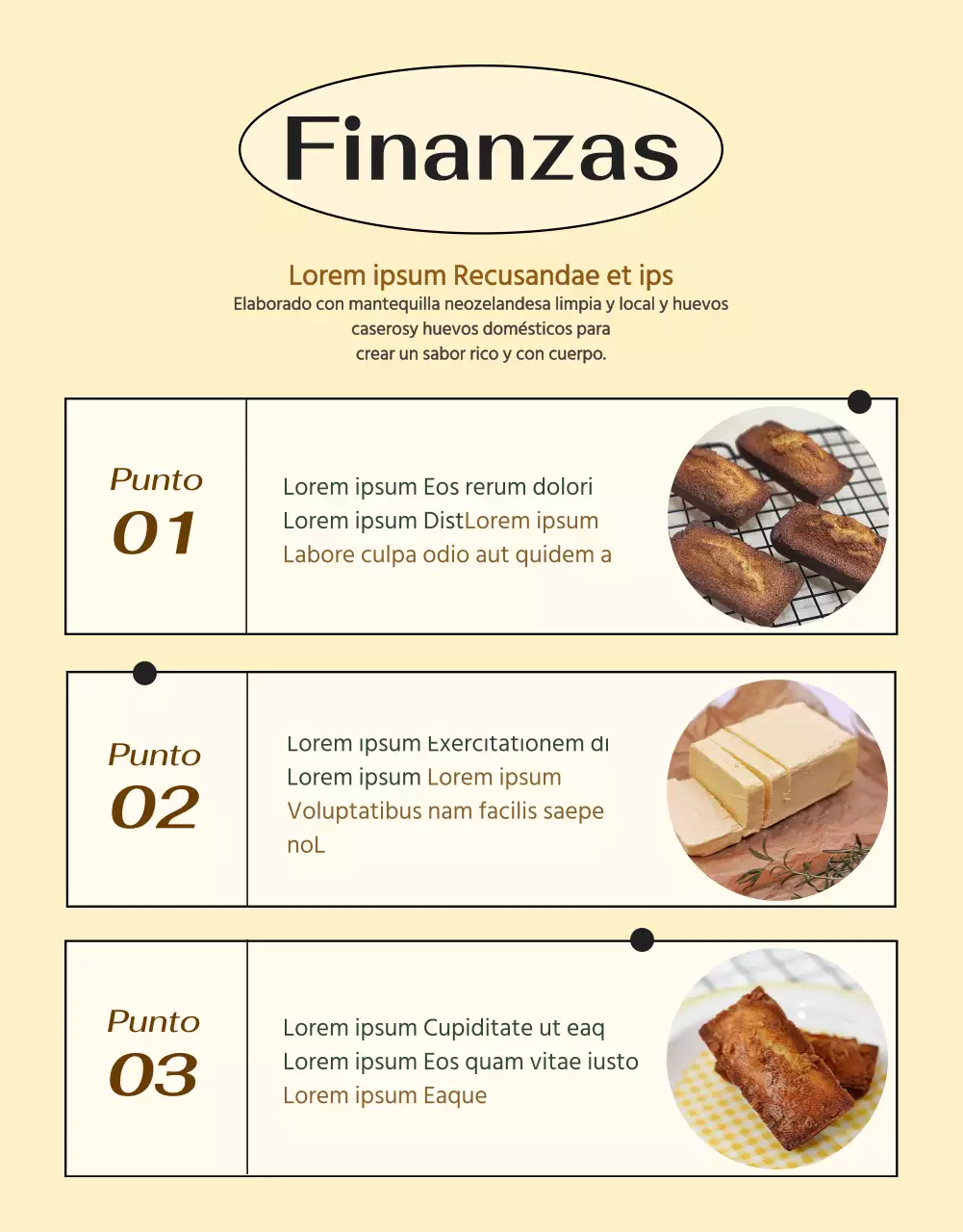 Presente la información sobre el postre en una moderna combinación de colores marfil, como en un café.
