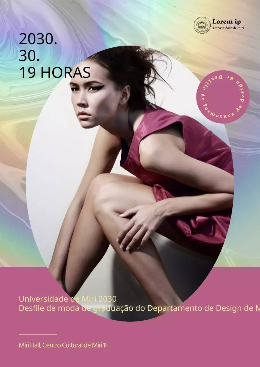 Um desfile de moda de formatura glamoroso com títulos cor-de-rosa e amarelos