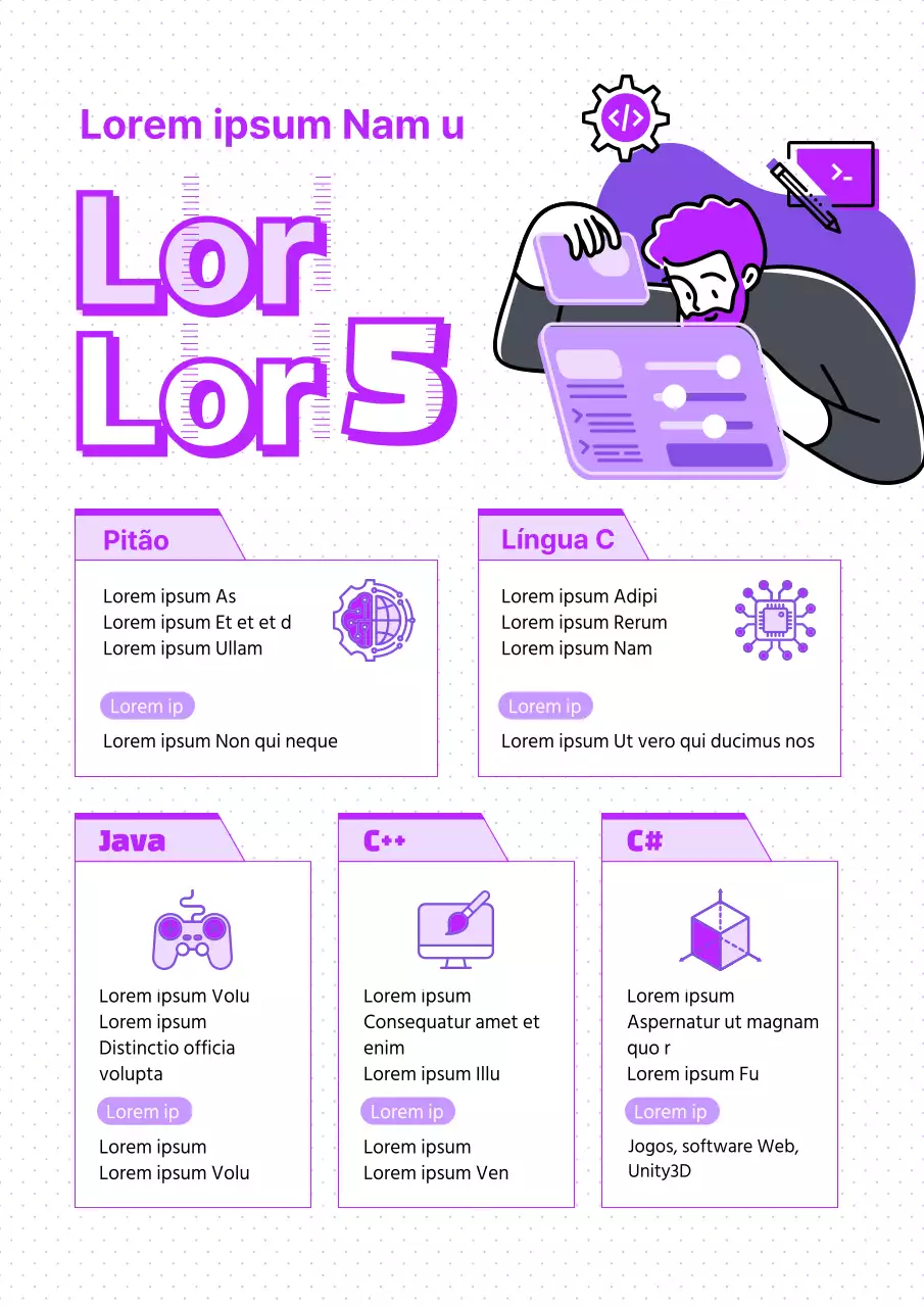Tema "Linguagem de codificação" com ícones e ilustrações de linhas brancas e púrpura