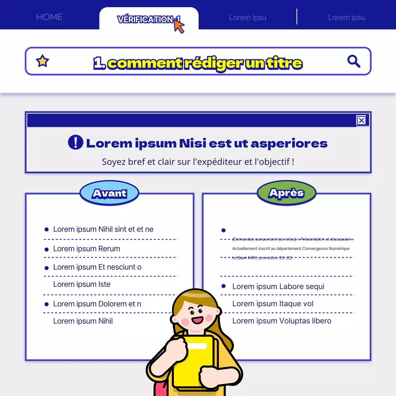 Etiquette et exemples de rédaction de courriels en bleu marine et blanc