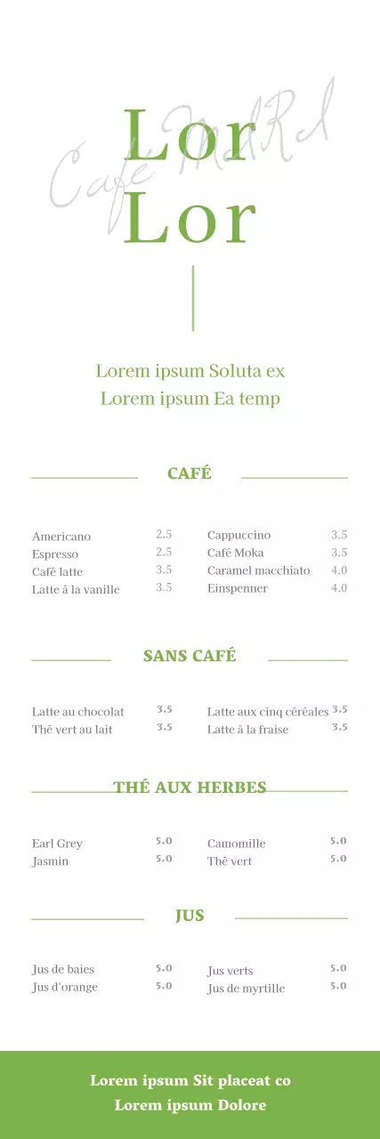 Illustration au stylo d'une bannière de menu de café en blanc et vert lime.