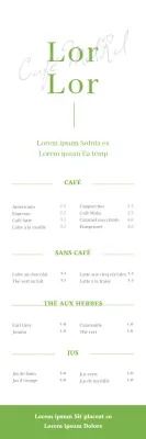 Illustration au stylo d'une bannière de menu de café en blanc et vert lime.