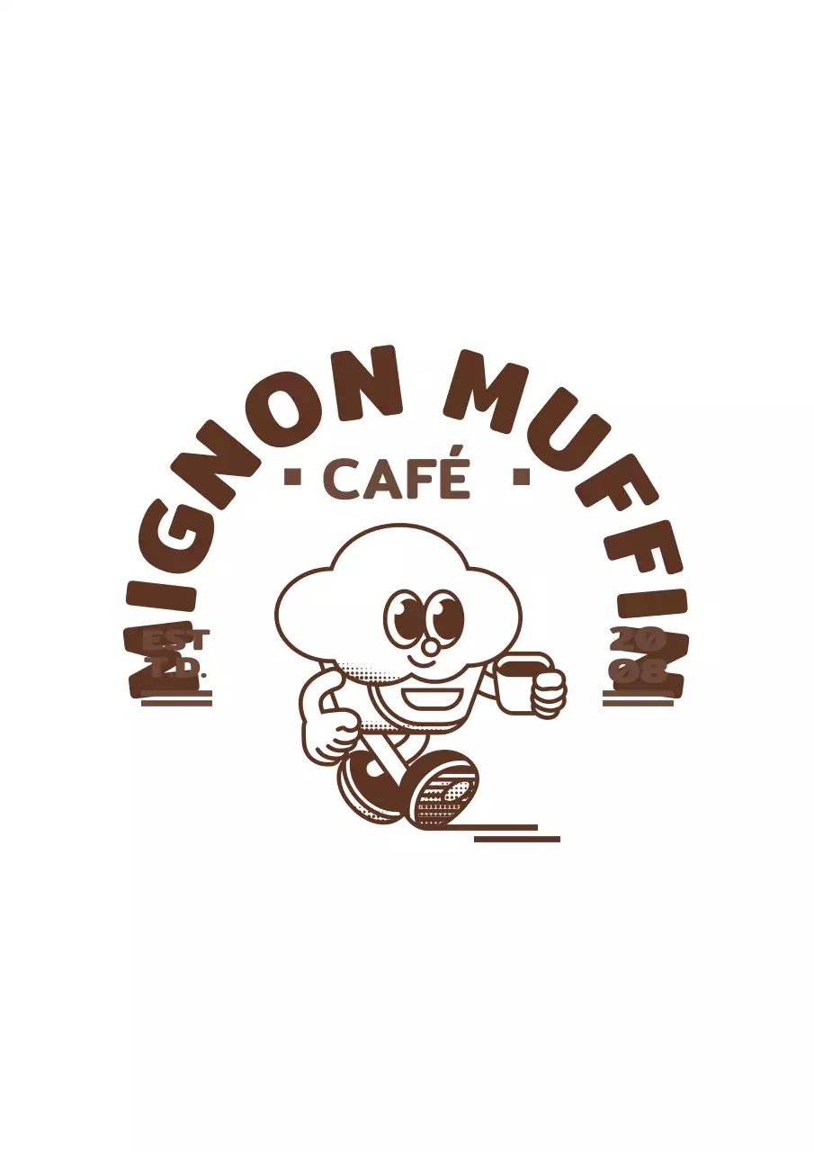 Illustration d'un personnage de muffin mignon, marron foncé et blanc, logo pour les marchandises et la promotion d'un café.