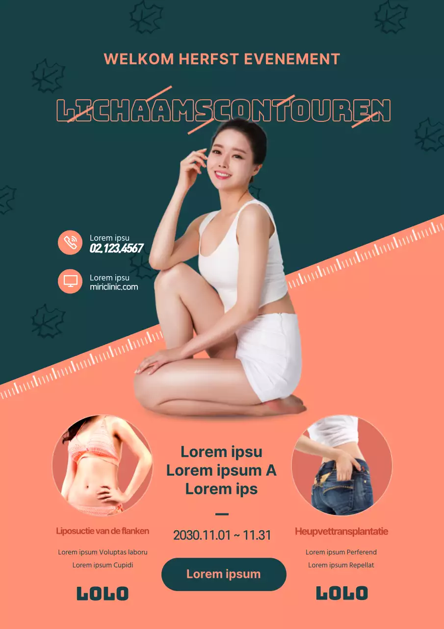 Promoot een seizoensgebonden evenement voor plastische chirurgie met een foto van een vrouw in groen en oranje.