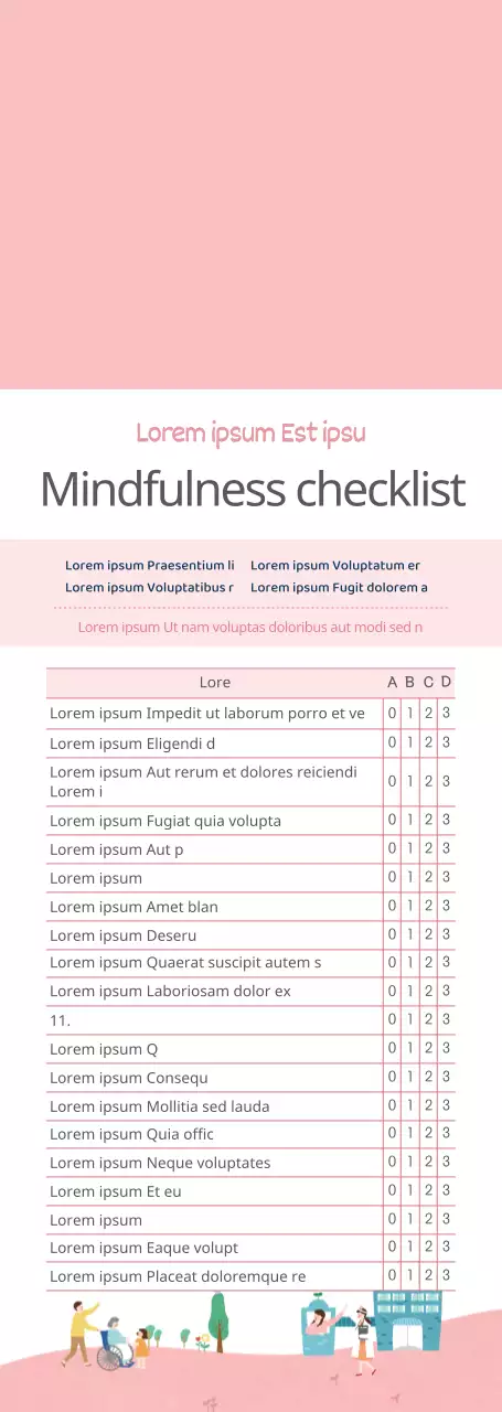 Roze en witte mindfulness checklist en informatiegids voor sociaal werkers in een strakke stijl