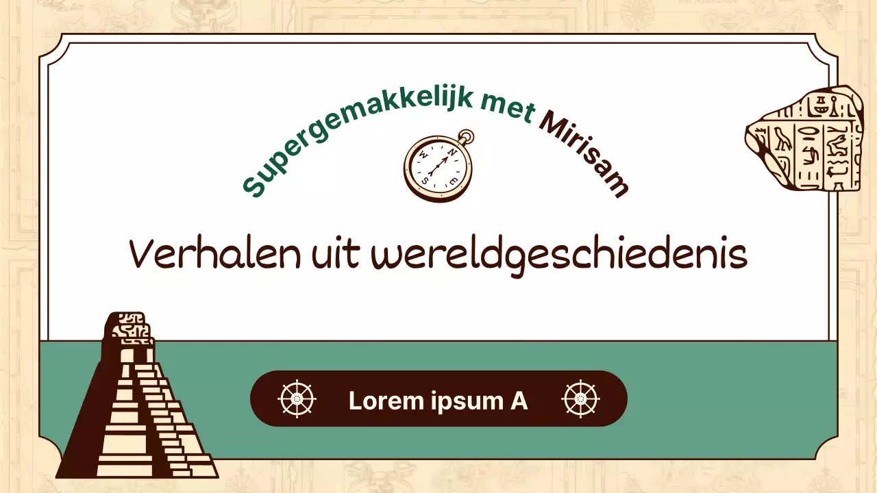 Historische illustraties in beige en groen benadrukken de lessen wereldgeschiedenis