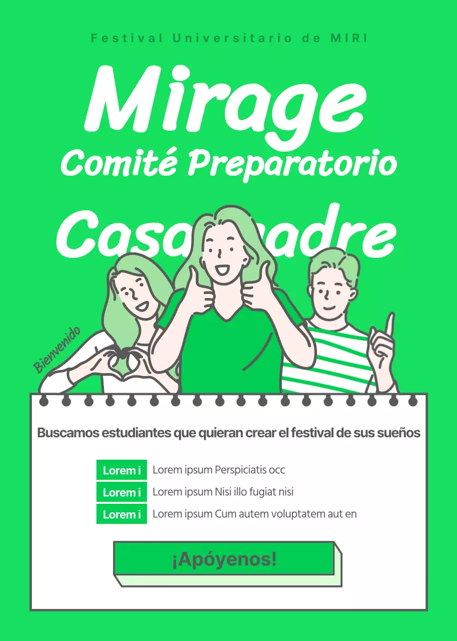 Tema de contratación de organizadores de festivales en verde lima fluorescente con ilustraciones limpias