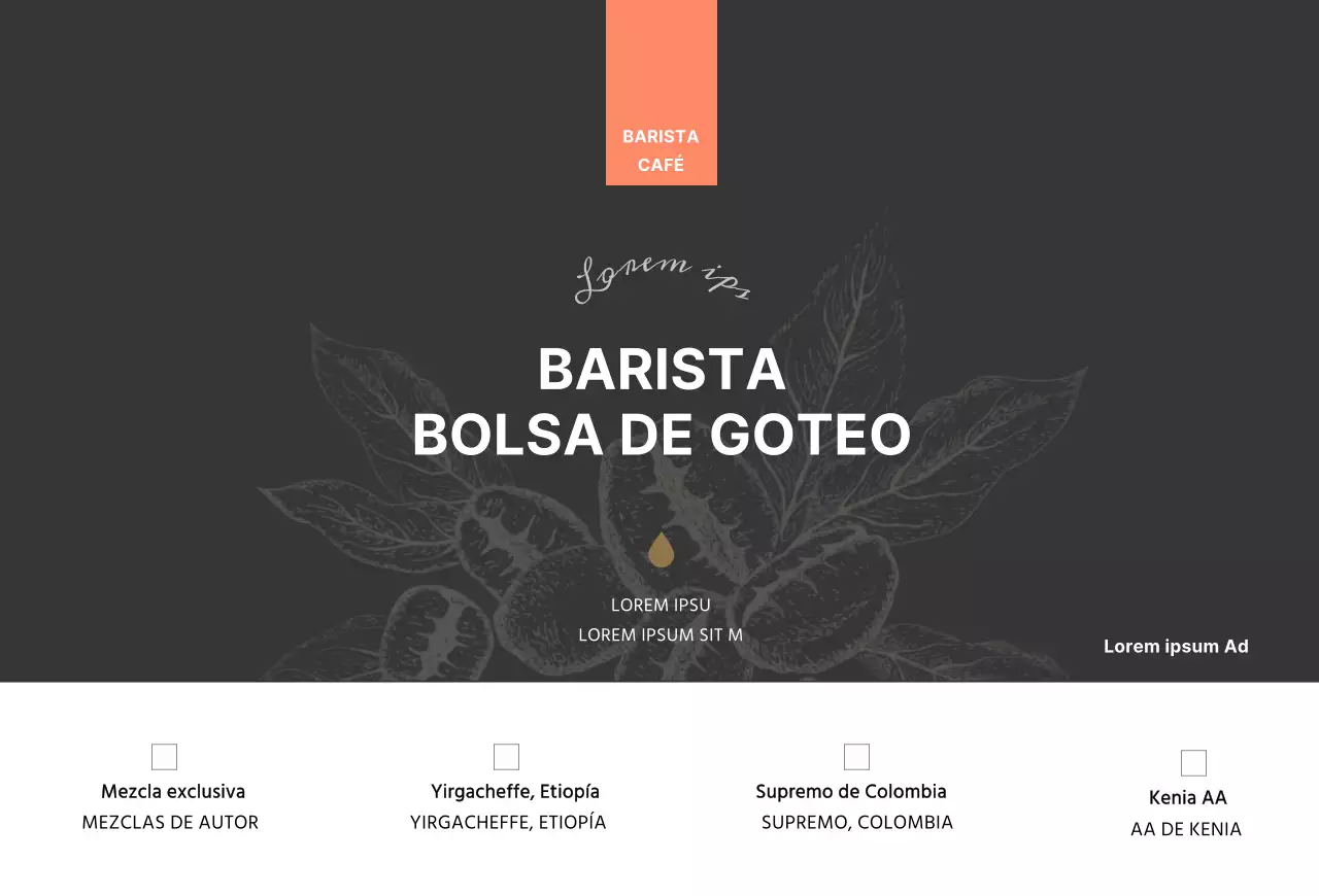 Ilustración de un café con judías marronesTarjeta informativa de productoTarjeta postal