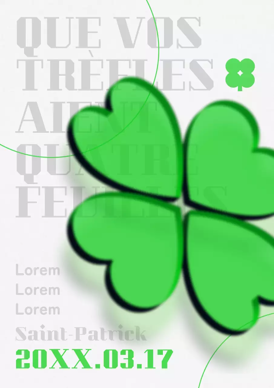 Illustration 3D transparente verte d'un trèfle à quatre feuilles, affiche simple