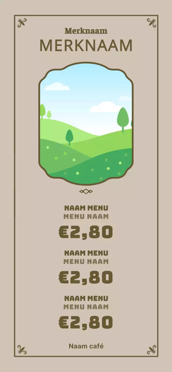 Een luxe frame in lichtbruin en bruin om het menu van een café met een eenvoudig concept te promoten.