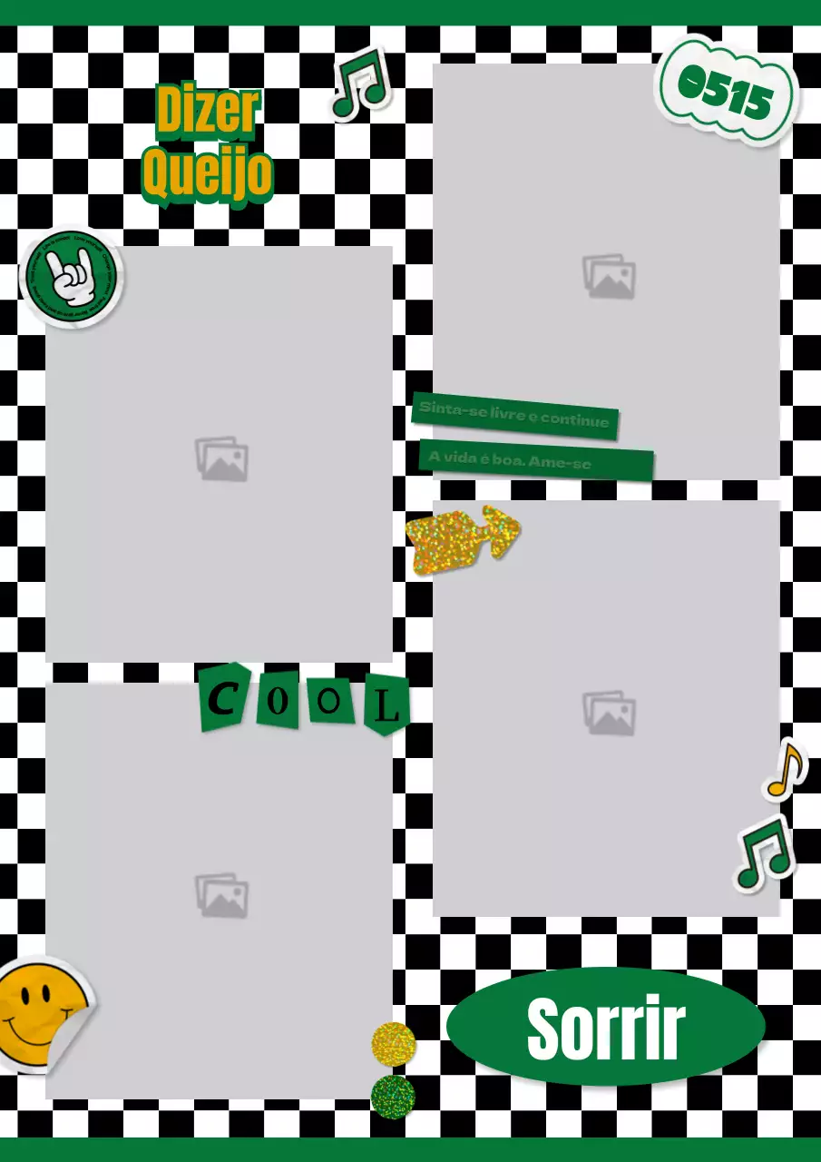 Moldura fotográfica de quatro cores inspirada em autocolantes kitsch em verde e amarelo