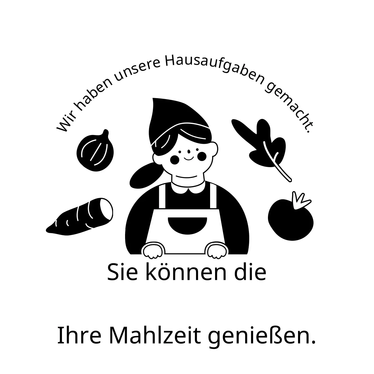 Ein Design mit dem Wortlaut der Lieferung in Schwarz mit Illustrationen von niedlichen Menschen und farbigen Zutaten.
