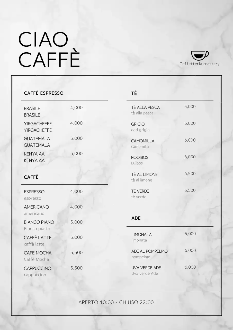 Tabellone verticale pulito del menu del caffè con concetto di marmo