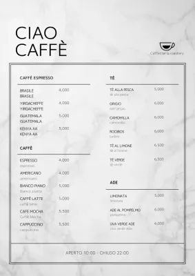 Tabellone verticale pulito del menu del caffè con concetto di marmo