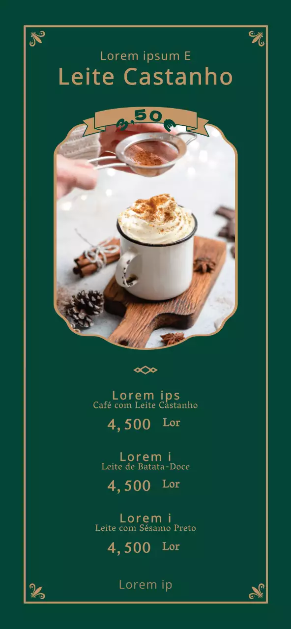 Luxuoso conceito de menu de café emoldurado em verde escuro e dourado para fixação de preços e promoção