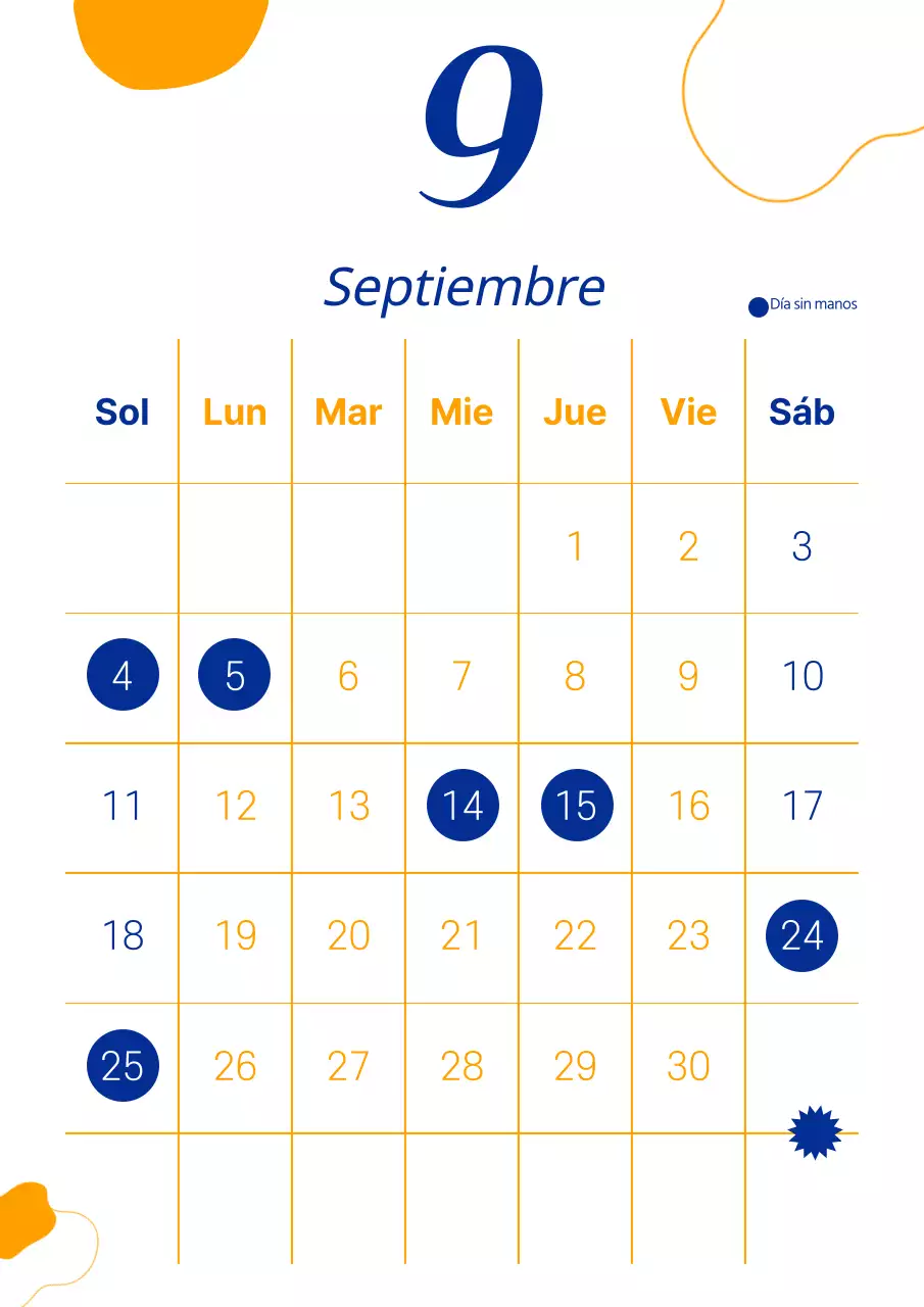 Calendario Isa (días sin manos) de formas geométricas en dos tonos, naranja y azul marino