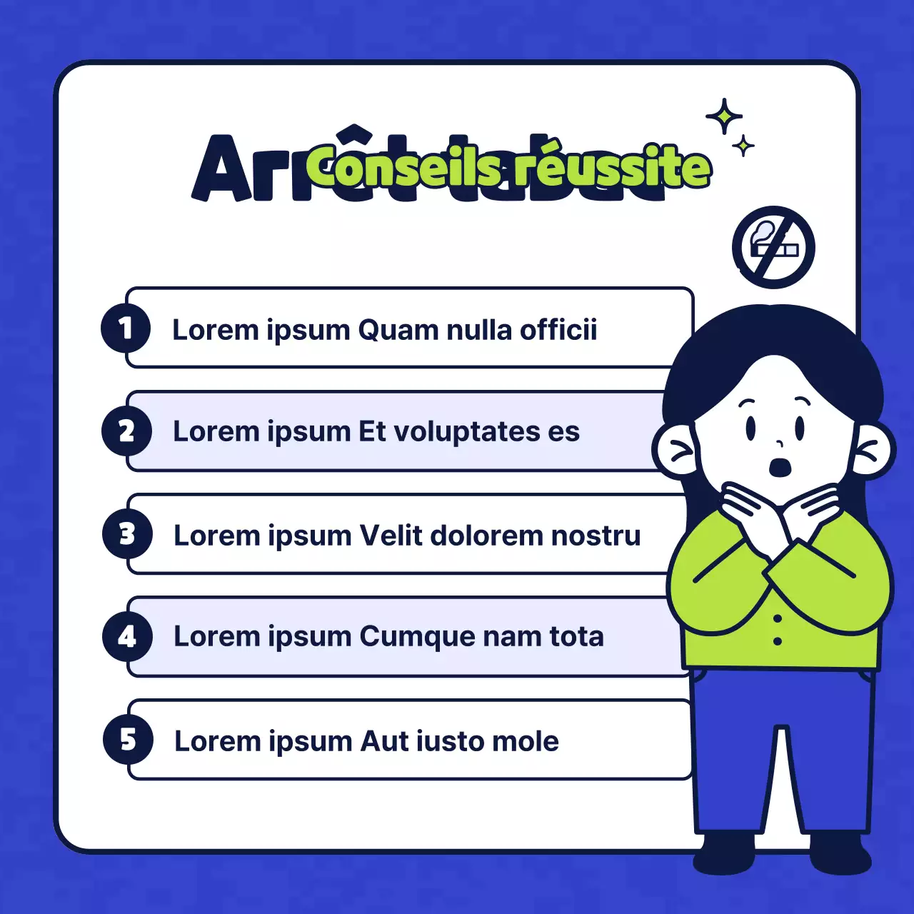 Illustration d'un personnage simple en bleu et chartreuse présentant un centre de santé sans tabac.