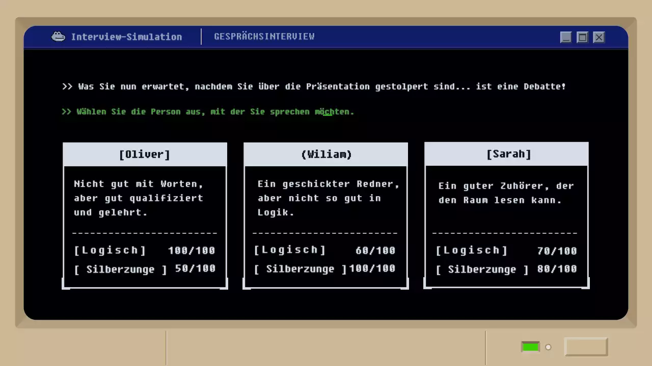 Simulation eines Vorstellungsgesprächs mit einem schwarzen Retro-Schlamm-Spielkonzept