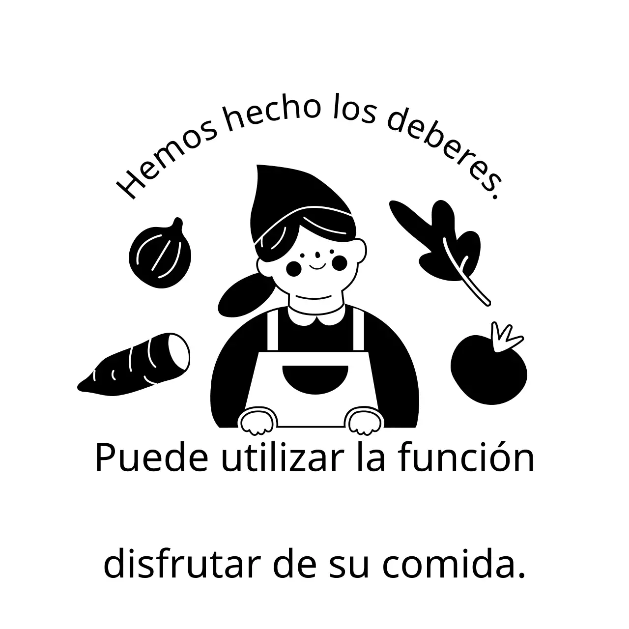 Un diseño con texto de entrega en negro con ilustraciones de gente mona e ingredientes de colores.