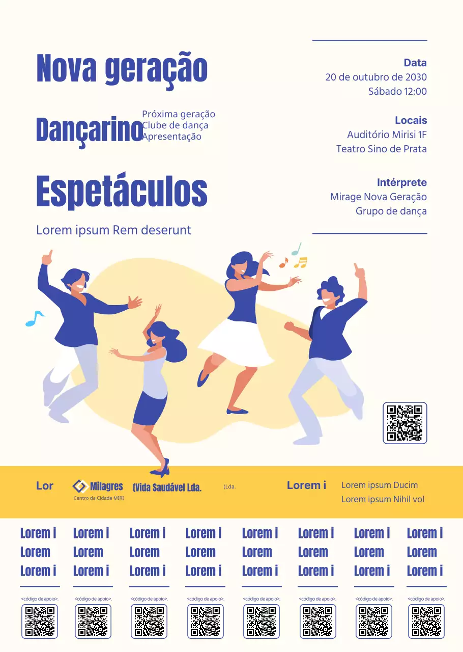 Estilo de ilustração simples em azul e amarelo para anunciar e promover informações sobre recitais de bailarinos