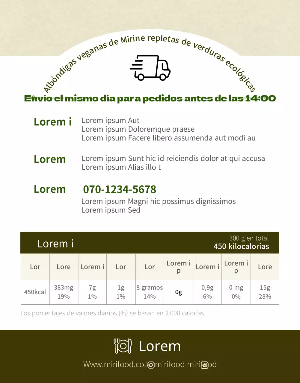 Página detallada del centro comercial con albóndigas veganas verde oliva
