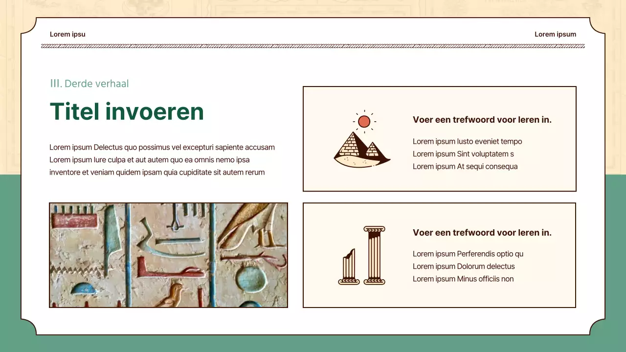 Historische illustraties in beige en groen benadrukken de lessen wereldgeschiedenis