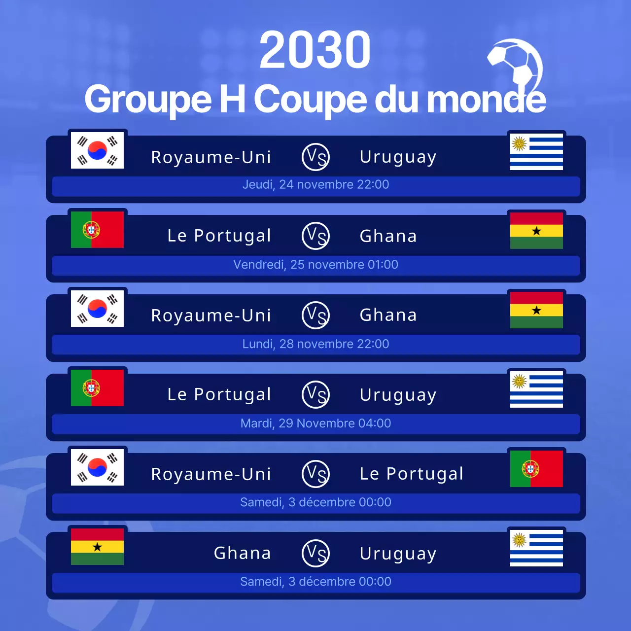 Calendrier des matchs de football en bleu vif et bleu marine