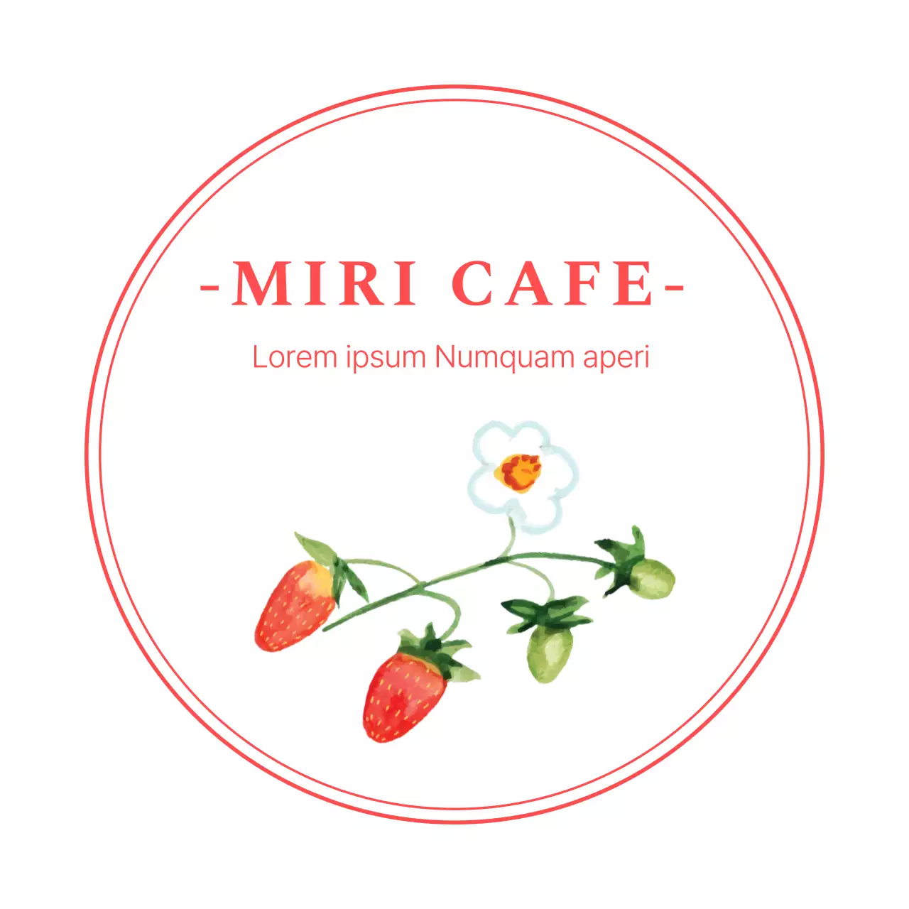 Kreis Cafe Aufkleber auf einem weißen Hintergrund mit einem Aquarell Malerei von Erdbeeren mit roten Linien