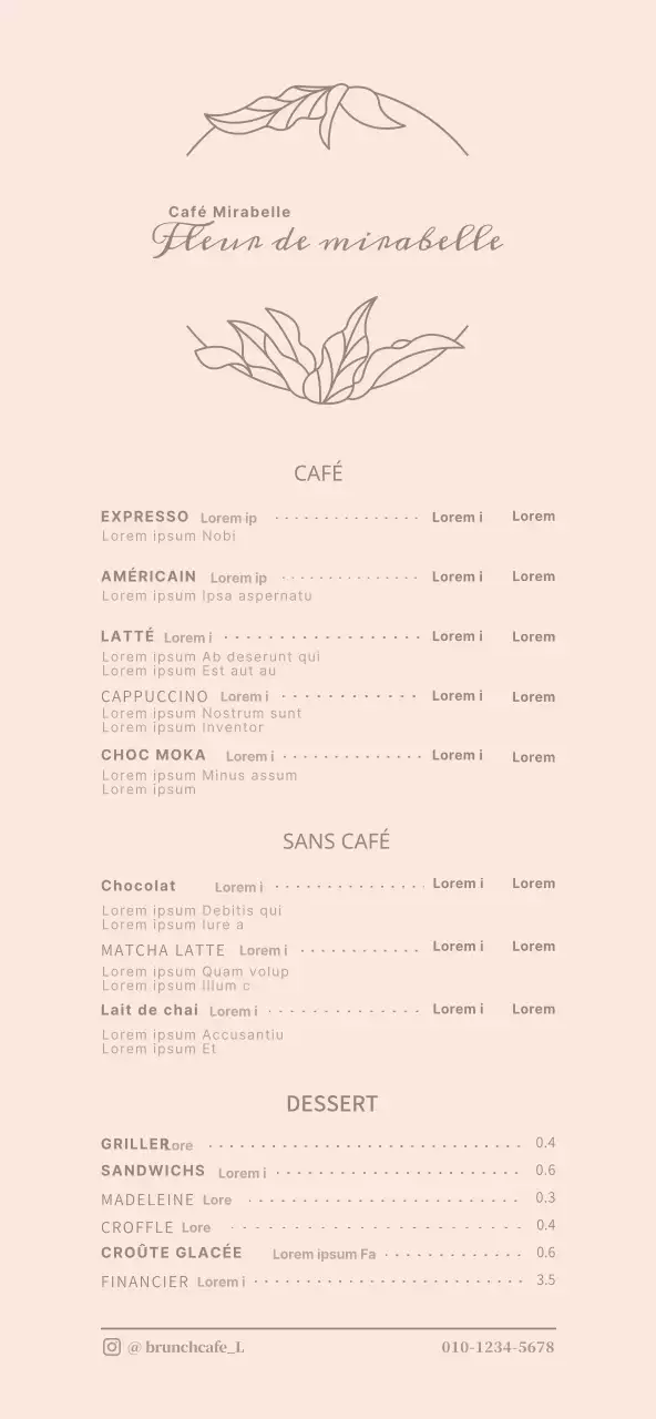 Menu de tarification pour un concept de café avec des illustrations sentimentales en rose clair et marron.