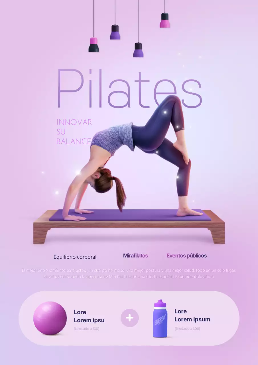 Promociona un evento de puertas abiertas de un colegio con una foto tuya haciendo Pilates en morado.