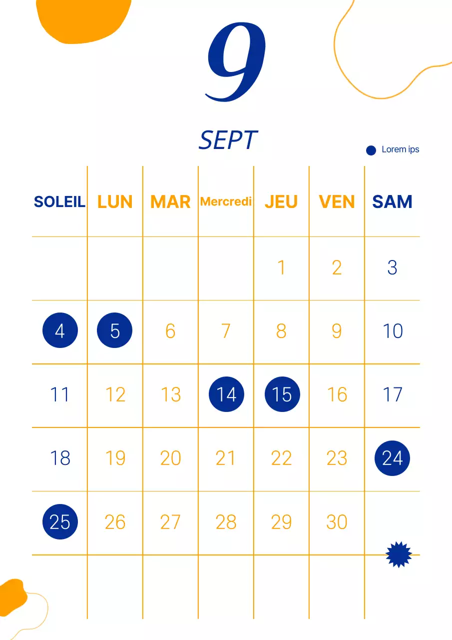 Calendrier Isa (jours sans main) à formes géométriques bicolores orange et marine