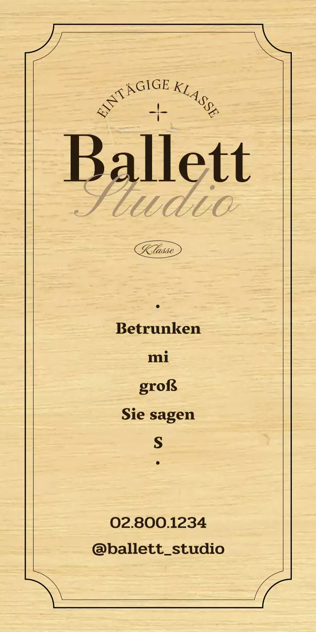Ein klassisches Ballettschulschild mit schwarzem und braunem Text und Illustrationen.