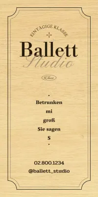 Ein klassisches Ballettschulschild mit schwarzem und braunem Text und Illustrationen.
