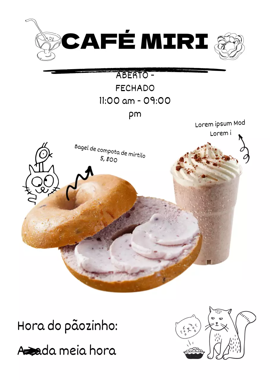 Desenho de fundo branco de um bagel e de um chocolate geladoPôster de café em caligrafia