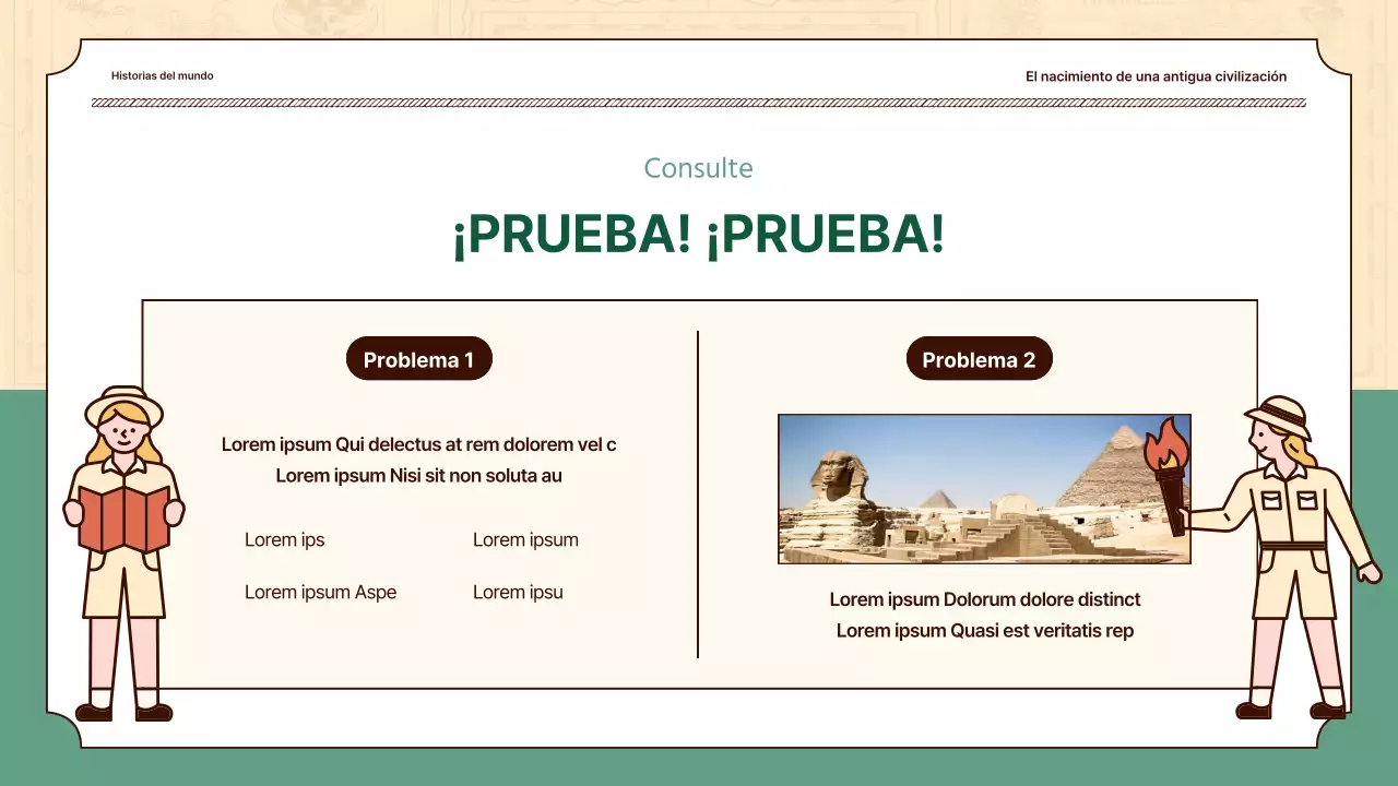 Las ilustraciones históricas en beige y verde resaltan las lecciones de historia universal