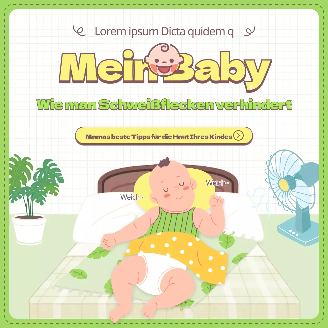 Tipps zur Vorbeugung gegen Wundscheuern bei Babys und Empfehlungen für Erziehungsartikel, illustriert in Hellgrün und Gelb.