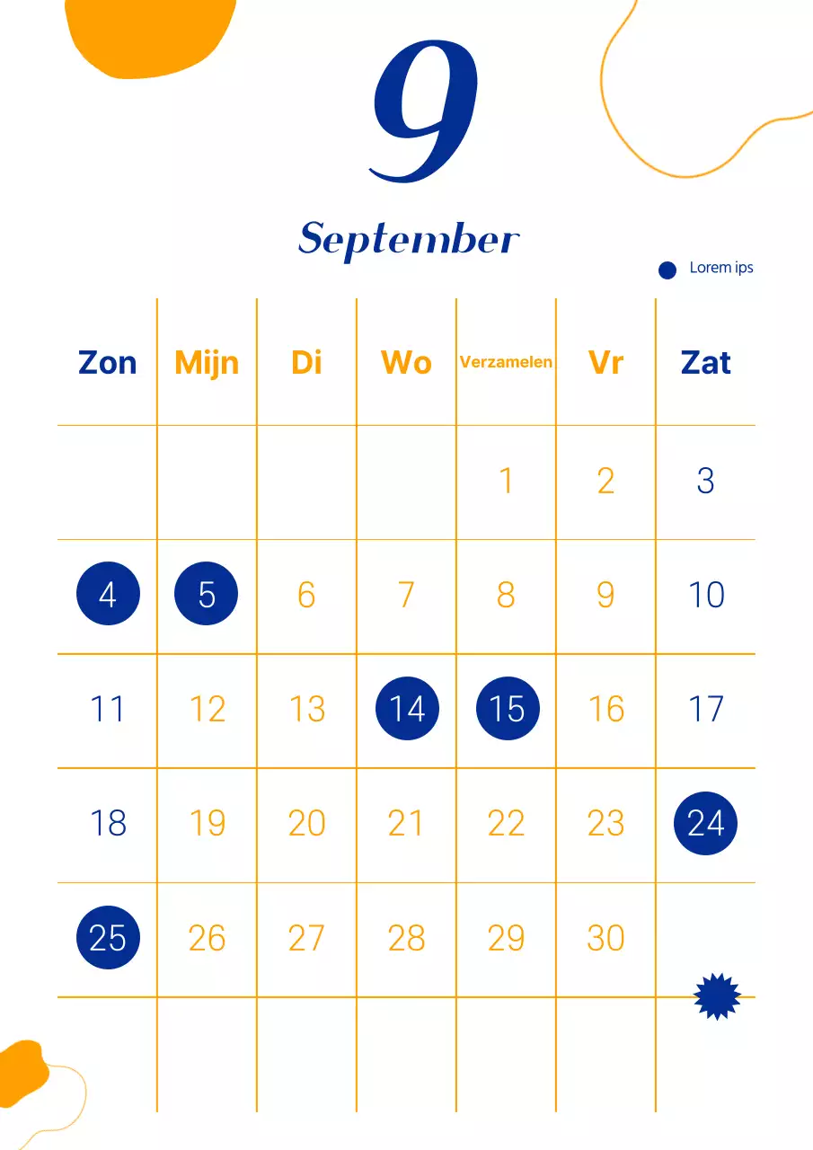 Oranje en navy tweekleurige geometrische vormen Isa (dagen zonder handen) kalender