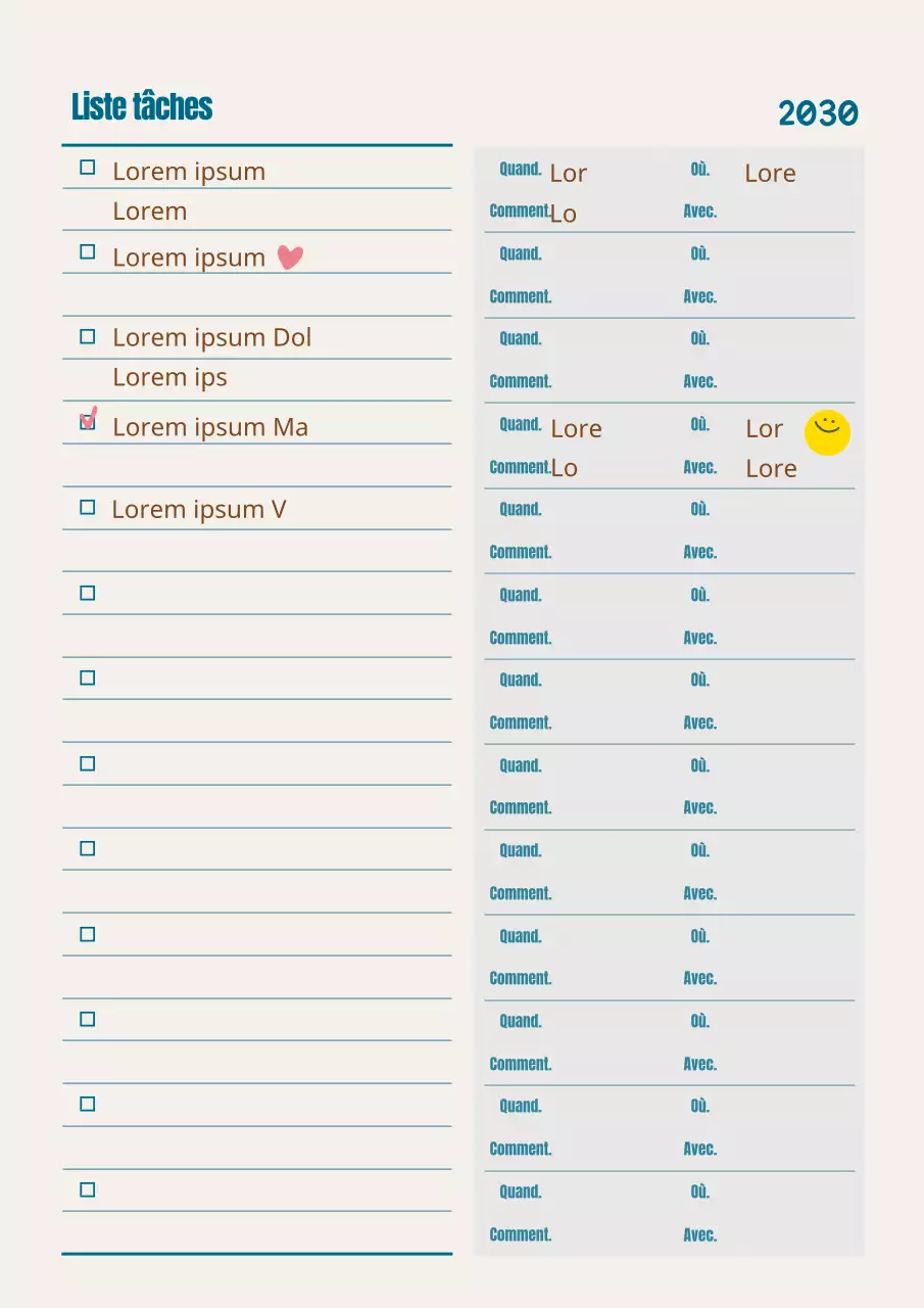 Une liste de choses à faire, en turquoise et en marron