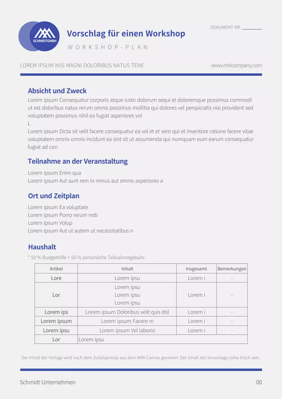 Einfache blaue und hellgraue Workshop-Vorschlag Dokumentvorlage