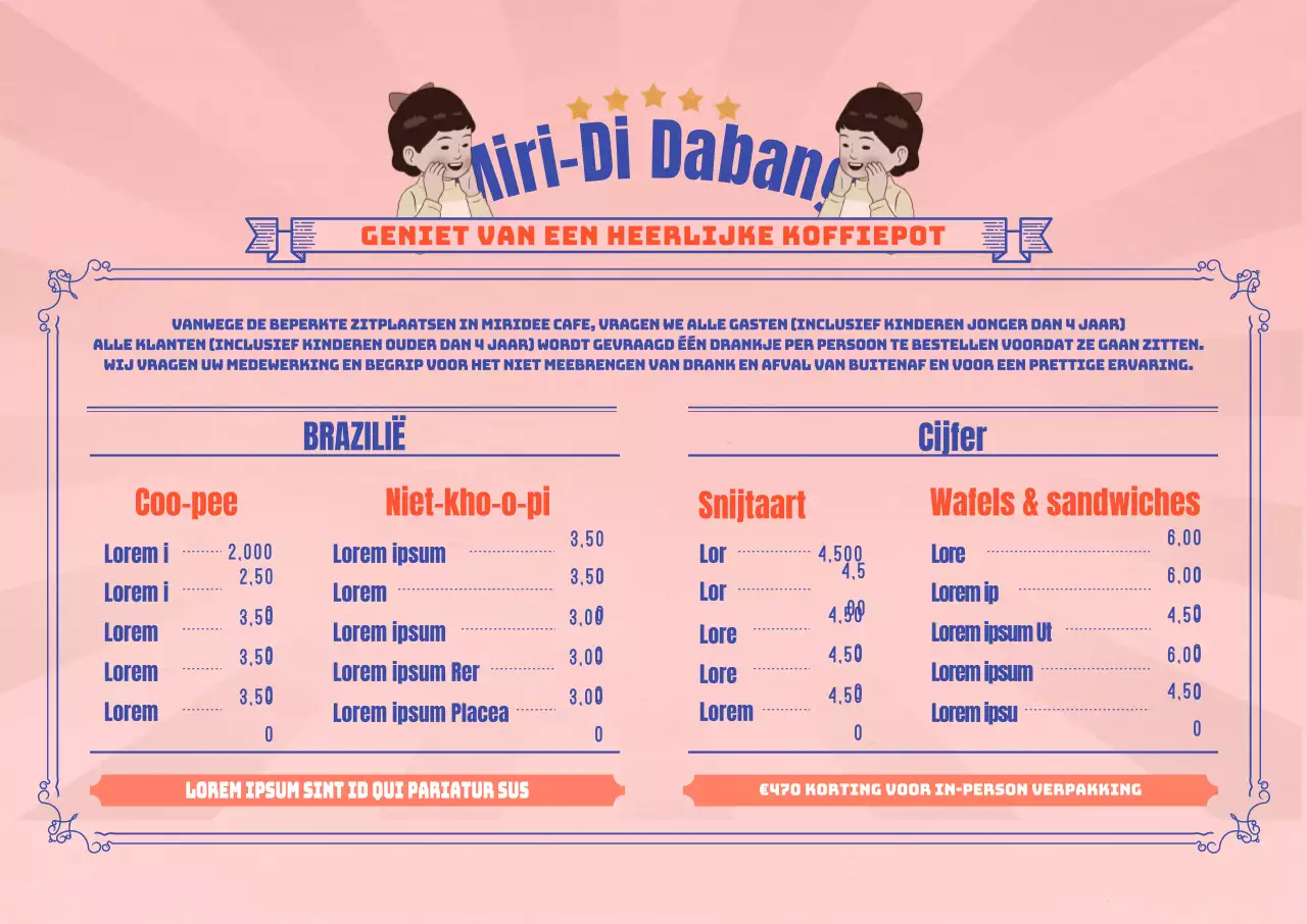 Retro geïllustreerde café horizontale poster met roze vintage achtergrond