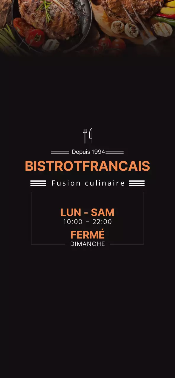 Noir et orange, menu de steakhouse de style simple, tarification