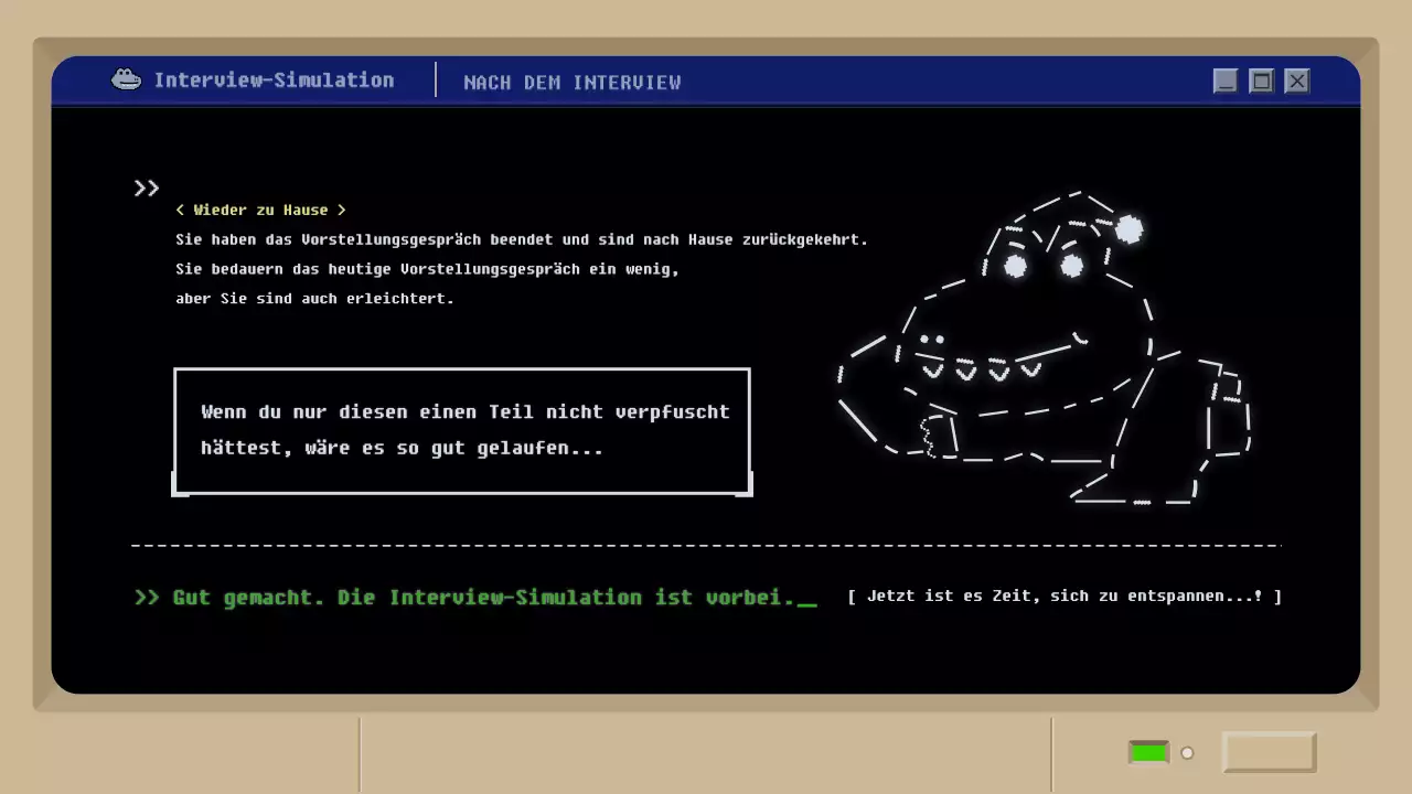 Simulation eines Vorstellungsgesprächs mit einem schwarzen Retro-Schlamm-Spielkonzept