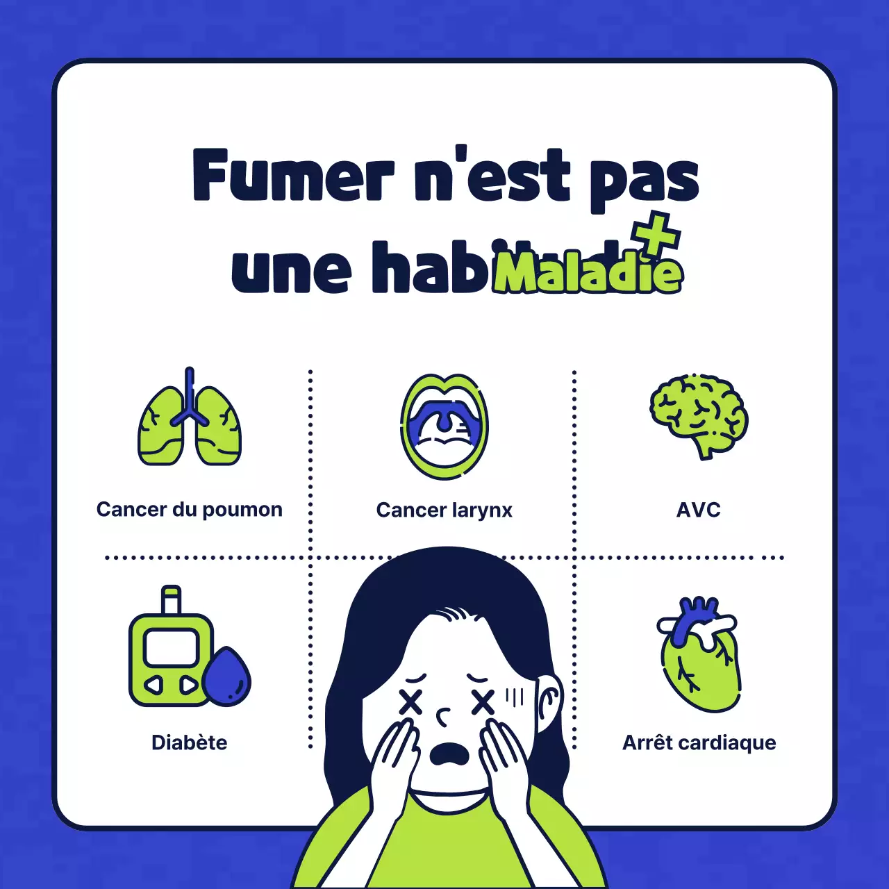 Illustration d'un personnage simple en bleu et chartreuse présentant un centre de santé sans tabac.