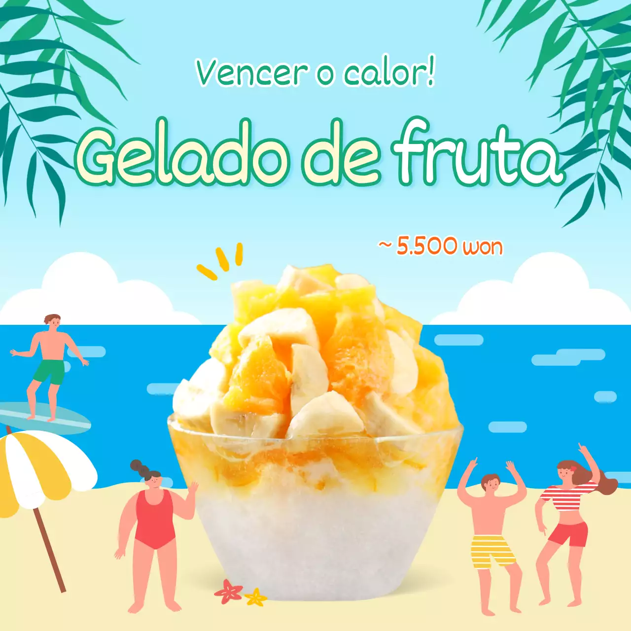 Mar azul e gelo raspado de fruta