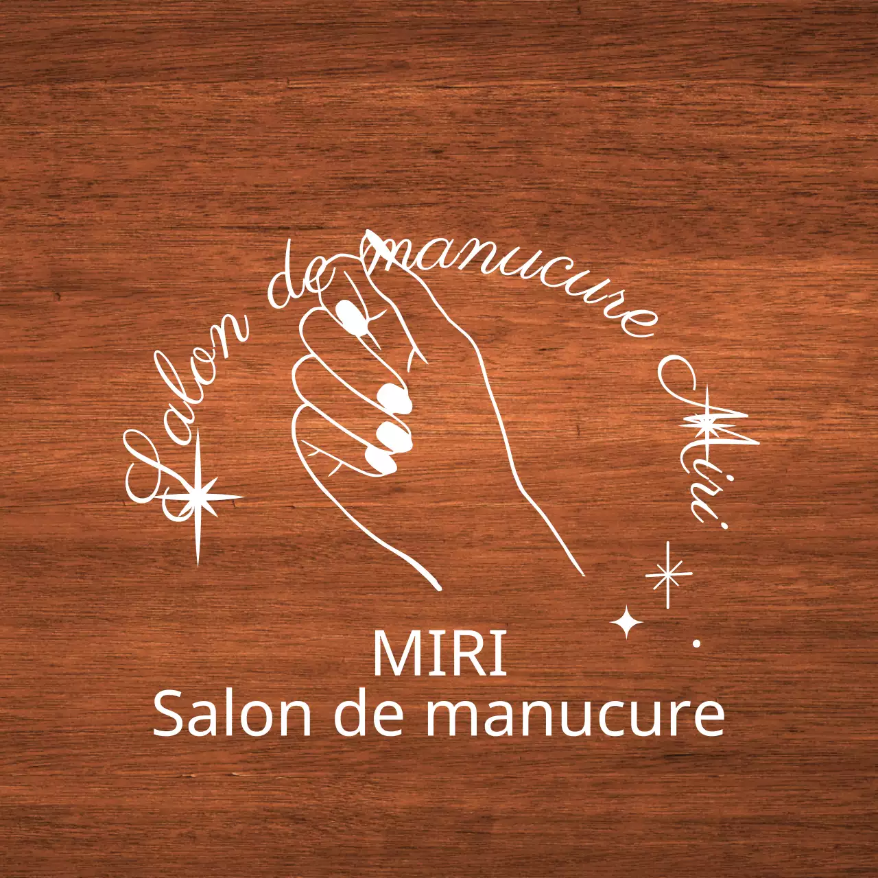 Enseigne classique de salon de manucure avec texte blanc et illustration au trait d'une main étoilée.
