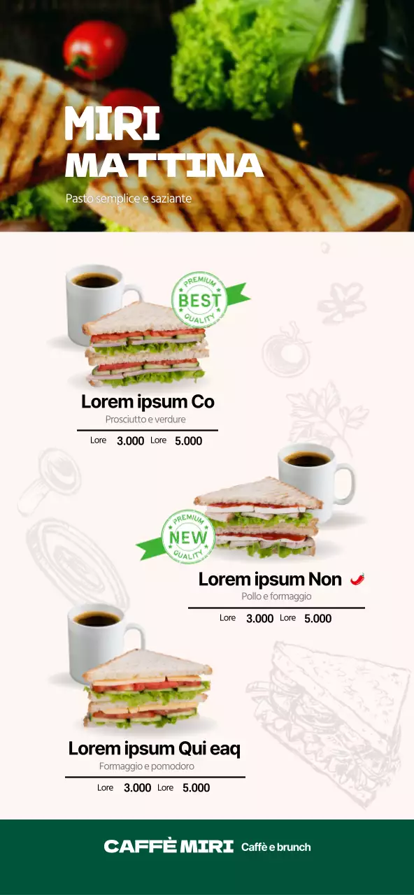Illustrazione di un panino verde e bianco per un menu di un bar.