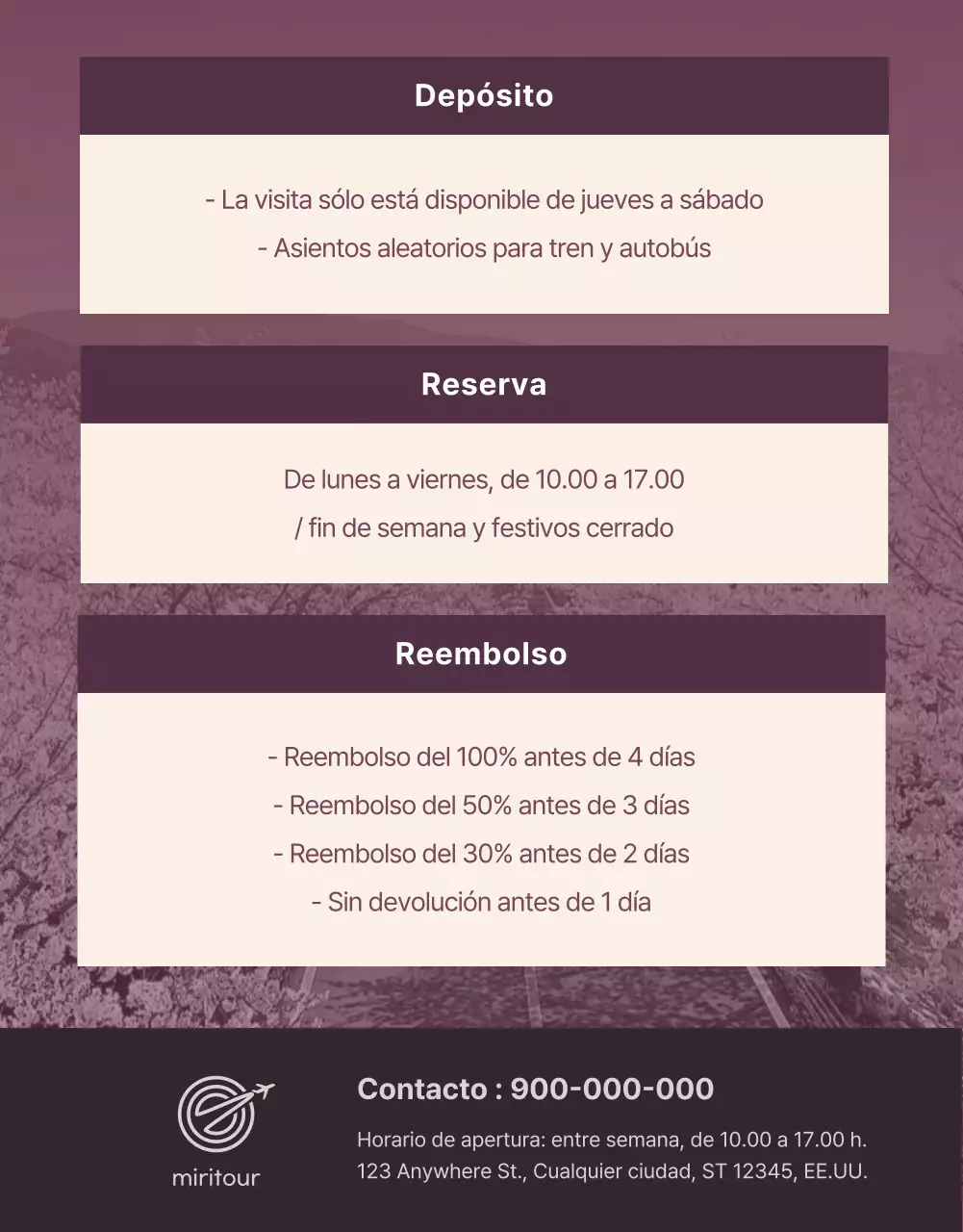 Bonitas ilustraciones de cerezos en flor en rosa pastel para promocionar el viaje