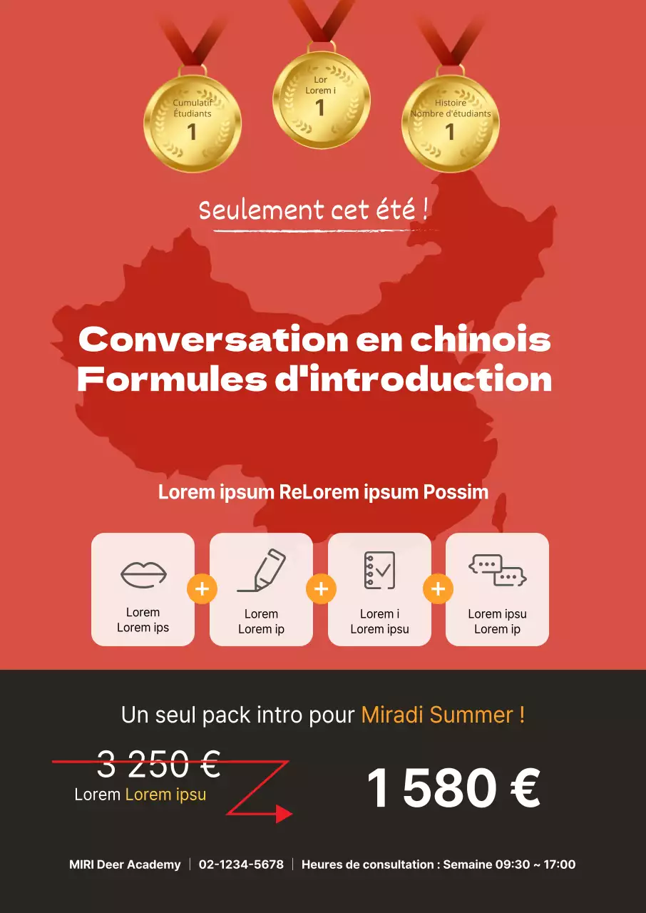 Affiche portrait pour une école faisant la promotion d'un programme d'initiation à la conversation chinoise, avec une illustration de carte en rouge.