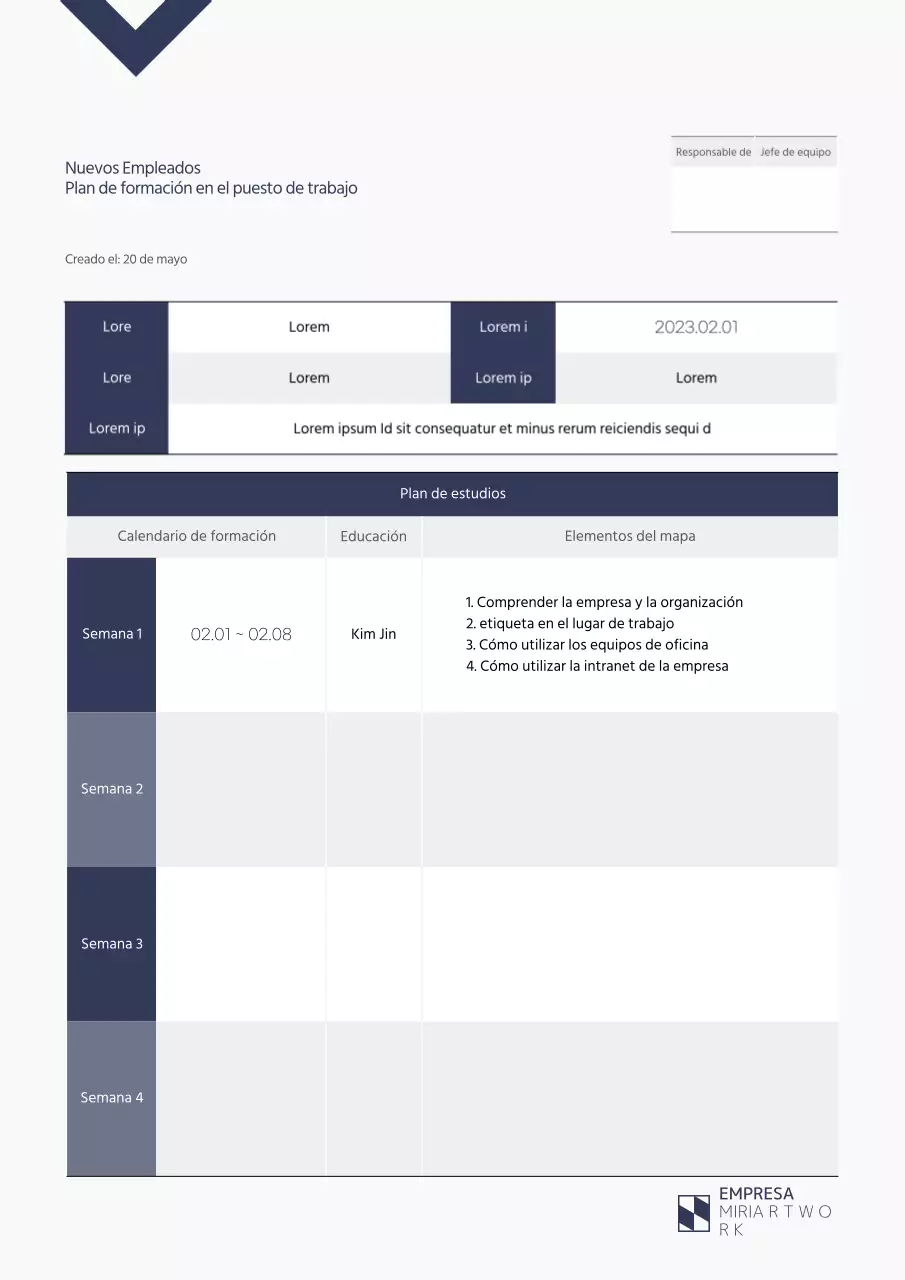 Azul marino, plan de formación en el puesto de trabajo para nuevos empleados